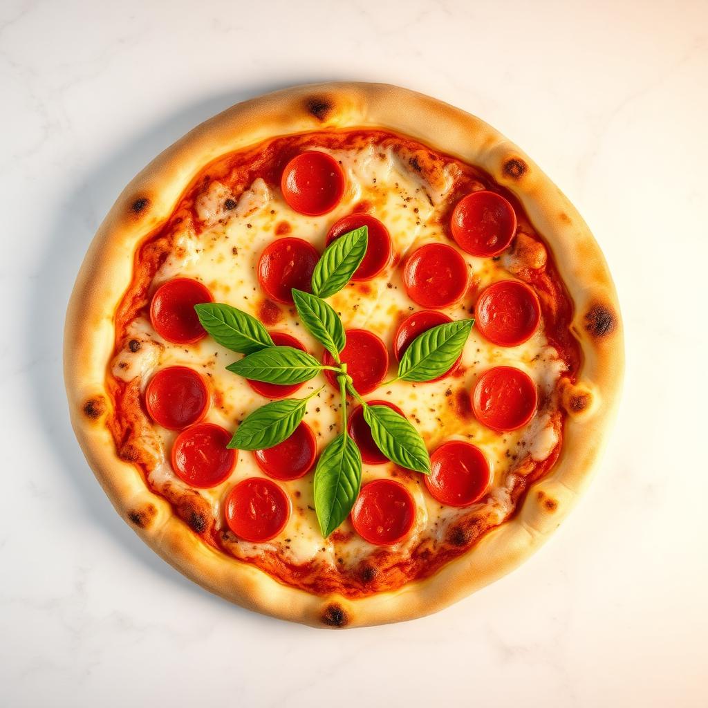 Fresh hot pepperoni pizza with basil